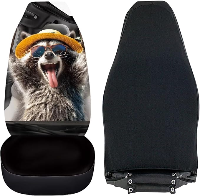 Funny Front Seat Covers for Cars Happy Raccoon Soft Bucket Seat Covers Scratchproof Premium Polyester Seat Covers for SUV Vans Sedans Trucks