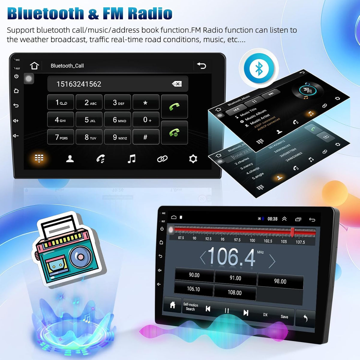 10.1Inch 2.5D HD Double Din Car Stereo Radio Receiver, Android Touch Screen MP5 Multimedia, Support GPS Navigation Bluetooth FM Radio+4 Led Lights Rear View Camera&Dual Mirror Link