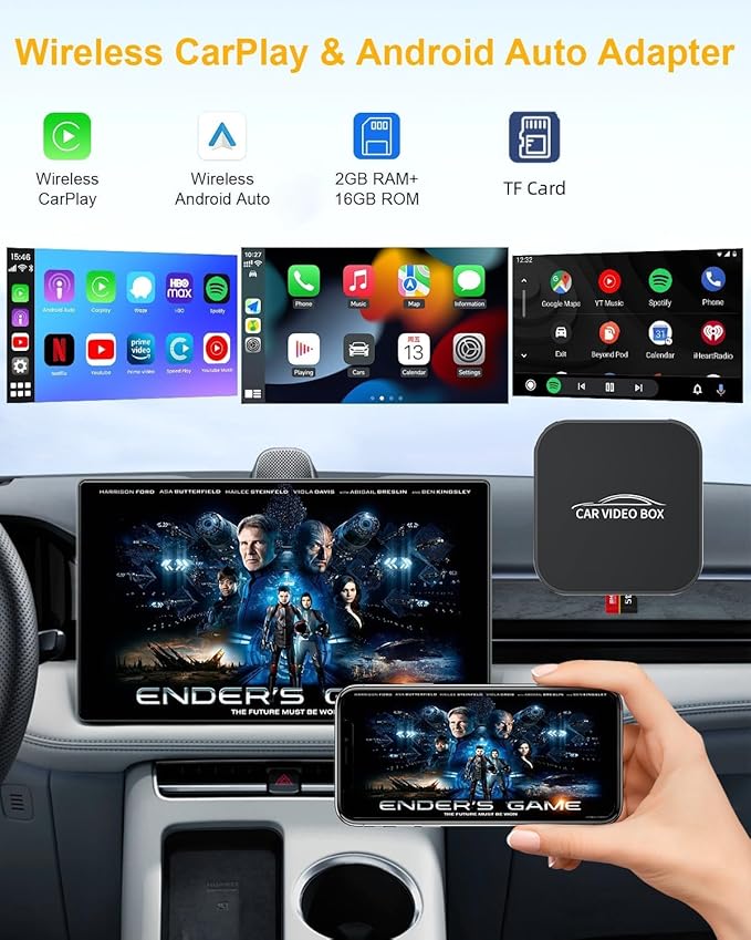 5-in-1 Wireless CarPlay Adapter with Netflix/YouTube/TF, Android Auto & Carplay Adapter with USB-A and USB-C Cables,Convert Wired to Wireless Apple Dongle, Magic Video Ai Box Car Play for iOS 10+