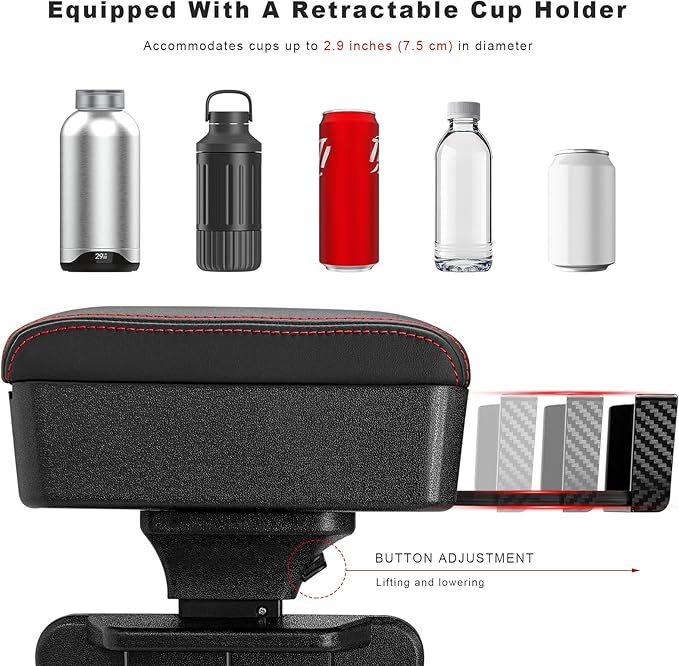 Car Armrest Storage Box with Cup Holder, Adjustable Leather Auto Seat Gap Filler Armrest Extender Pad, Liftable Forearm Wrist Support Center Console Storage Case for SUV Truck (Black & Red)
