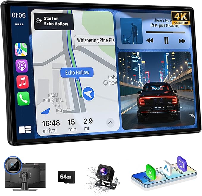 Wireless A pple Carplay Screen Carplay Screen for Car 11" with 4K Dash Cam 1080P Backup Camera, Car Stereo for Carplay & Android Auto GPS Navigation/Bluetooth/Mirror Link/Voice Control/AUX/FM/Siri