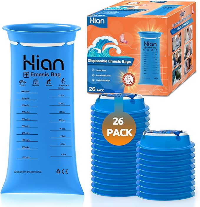 Hion Vomit Bags Disposable – 26 Pack 1000ml Emesis Bags – Leak Resistant, Medical Grade, Portable – Perfect for Motion, Car & Aircraft Sickness, Pregnant Women