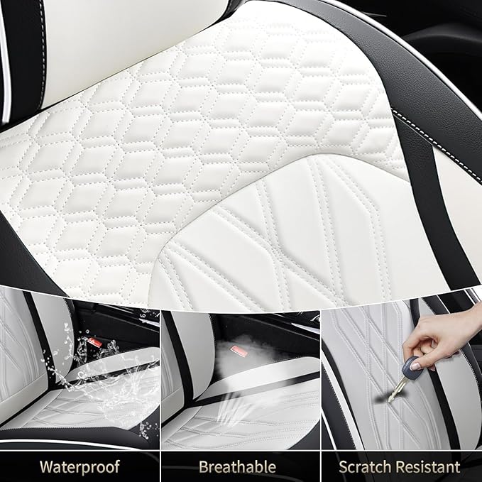 FLORICH Leather Car Seat Cover Full Set Automotive Seat Covers 5 Seats Front and Back Seat Cover Full Coverage Car Seat Protector Universal Fit for Most Car Truck SUV, Black&White