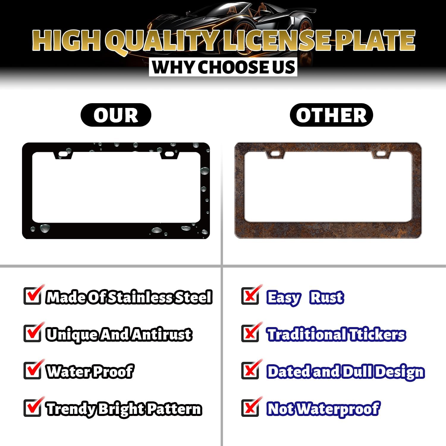 Patriotic American Flag License Plate Frame USA License Plate Stainless Steel Funny Accessories Cars Decor 12.2 X 6.2 Inch with 2 Holes and Screws Fits Standard Us Ca Vehicles