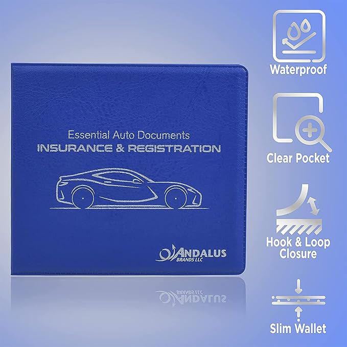 Andalus Auto Registration & Insurance Card Holder Pack of 2, Waterproof Essential Car Registration Holder with Hook & Loop Closure, Perfect for Every Vehicles Glove Boxes (Blue - 5 1/8" x 4 5/8")