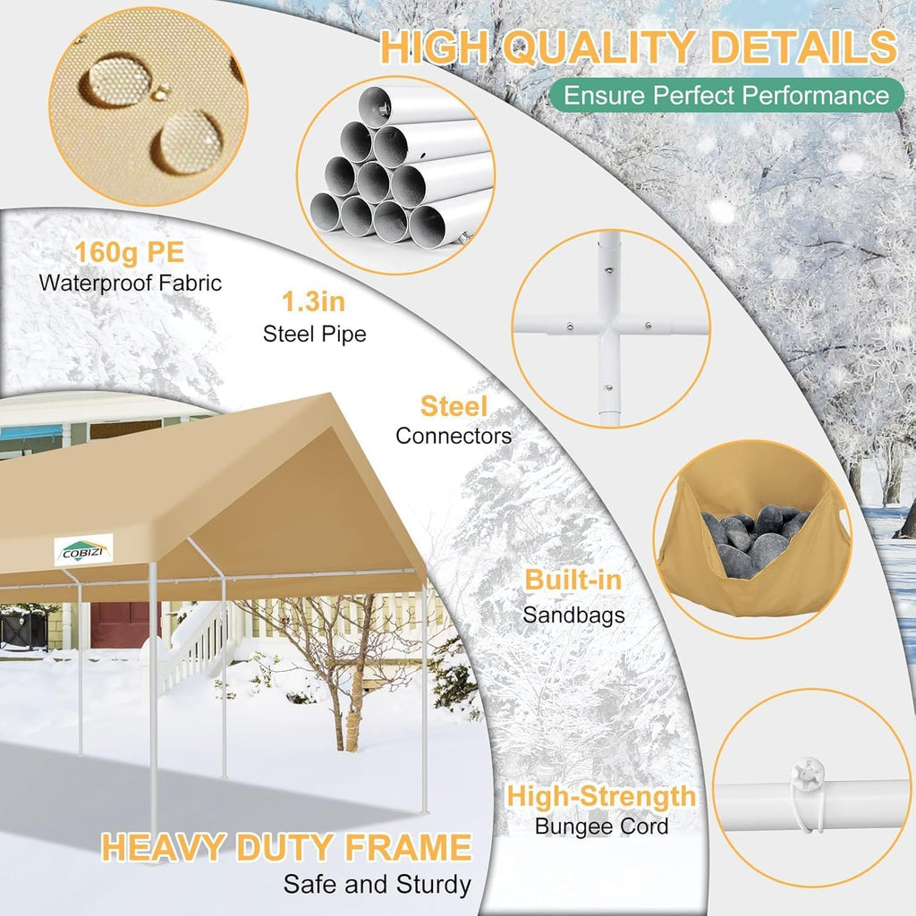 COBIZI 12x20ft Carport Heavy Duty, Portable Car Garage Outdoor Party Tent with Built-in Sandbags, Waterproof Car Canopy for Truck, Boat, SUV with All-Season Tarp, Khaki