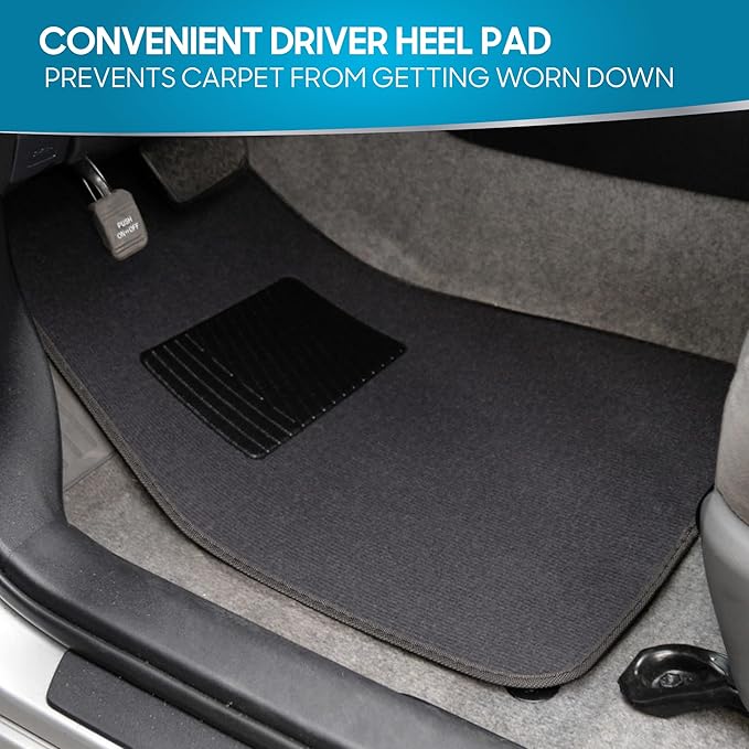 Premium 4 Piece Set of Carpet Car Floor Mats with Vinyl Safety Heel Pad for Car, Truck, SUV, Coupe Sedan, Black (MT-100-BK) Pack of 1