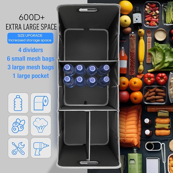 XL Car Trunk Organizer, 4 Compartments, 94L Capacity, Oxford Polyester 600D Material, Easy Fold and Store, Prevents Sliding