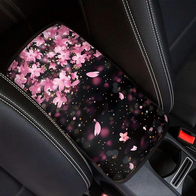 JoyLamoria Pink Cherry Blossom Automotive Armrest Pad Protector for Women Floral Car Armrest Cover Easy Install