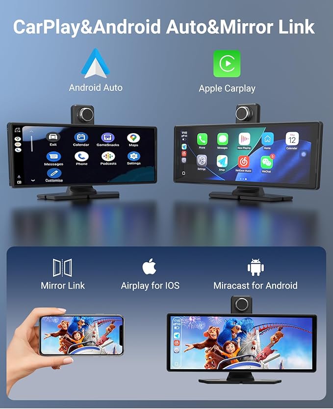 Wireless CarPlay and Android Auto 10.26-inch Touchscreen, 4K Dash Camera and 1080p Backup Camera, Universal Portable car Display, Equipped with 64G Memory Card