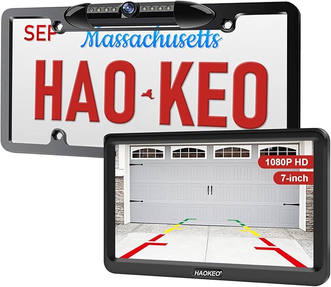 Backup Camera for Car 7 Inch HD 1080P Front Rear View Monitor kit License Plate Frame Camera with Night Vision, Waterproof DIY Grid Lines for Truck/RV/Tractor/Semi-Trailers/Pickup H9