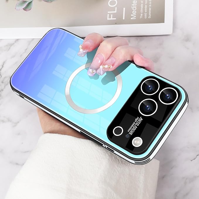 Guppy Compatible with iPhone 17 Pro Max Magnetic Case, with Full Camera Lens Protector [Compatible with MagSafe] Scratch Resistant Gradient Glass Back Cover Phone Case-Blue