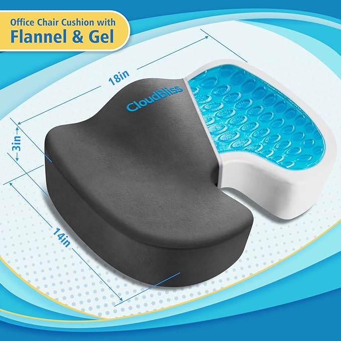 CloudBliss Gel Seat Cushion - Cooling Gel Enhanced, Memory Foam, Ergonomic Seat Cushion for Long Sitting for Office, Game, Car, Airplane (Large, Grey)