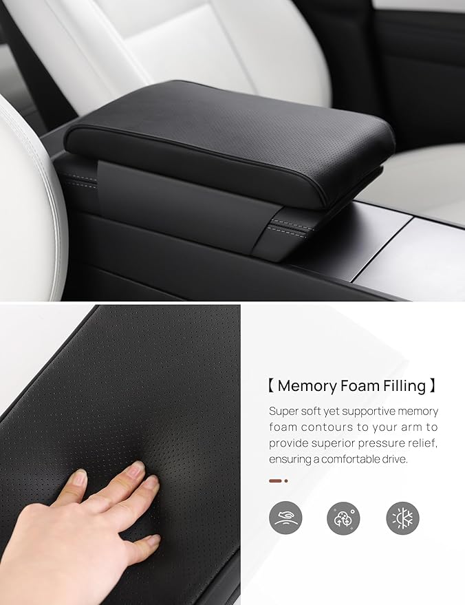 TPARTS Leather Armrest Support Cushion for All Tesla Model 3/Y/X/S Tesla Armrest Decor Interior Accessories Memory Foam Console Pillow Elbow Rest Cover Pad (Black)