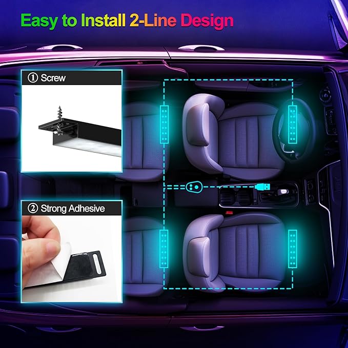 YiLaie Car LED Lights Interior, Multcolor LED Light for Car with APP Control and DIY Mode, Music Sync USB Under Dash Lighting Kit for Cars, Trucks, SUVs, DC 5V