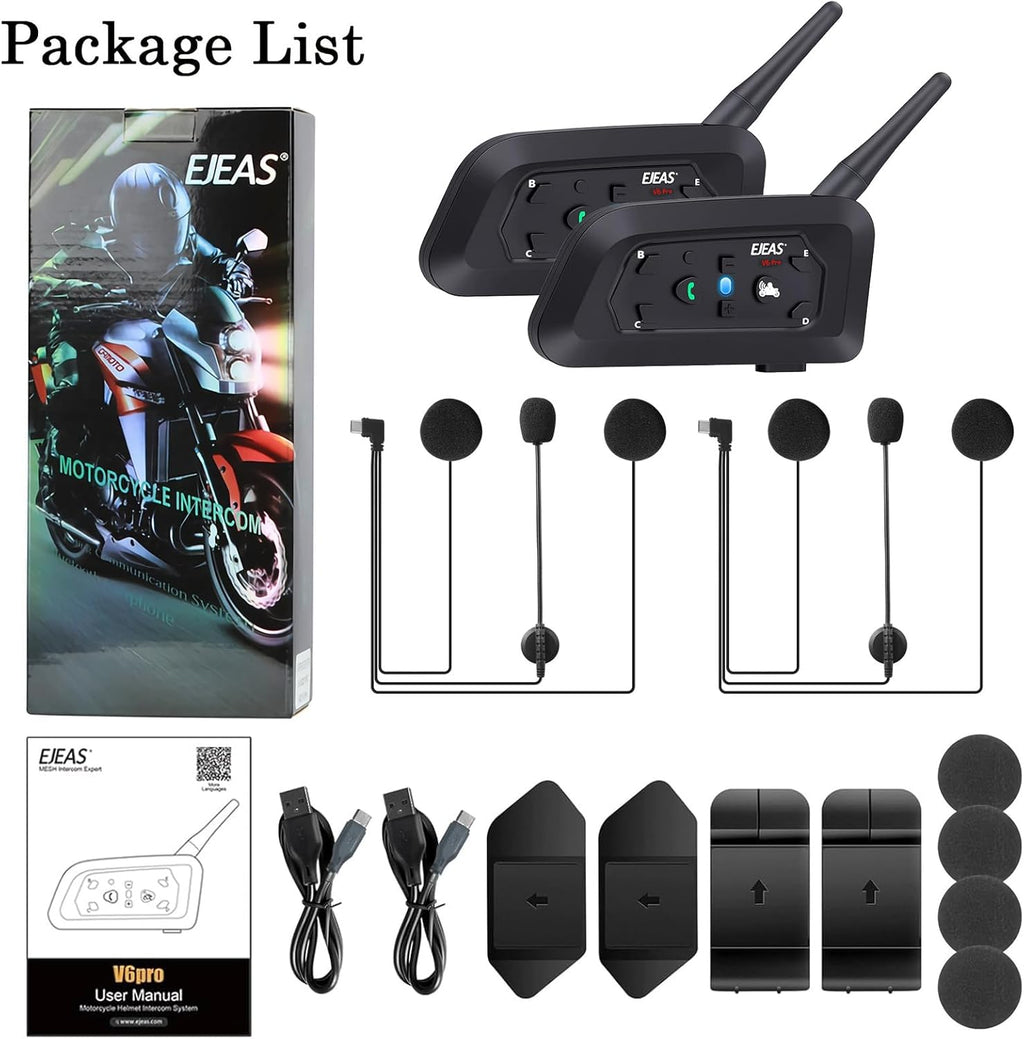 V6 Pro Motorcycle Helmet Bluetooth Intercom Headset 1200M 2 People Full Duplex Wireless Motorbike Interphone Connect Up to 6 Riders for Motorcycling Skiing and Climbing (2 Pack)