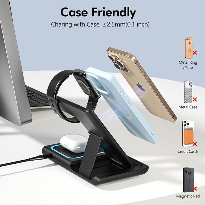 3 in 1 Wireless Charger Charging Station, Wireless Charger Stand for iPhone17 16 15 14 Pro Max 13 12 11,Charging Dock for AirPods 4 3 2 Pro, Apple Watch 11/10/9/Ultra/8/SE/7/6/5/4/3