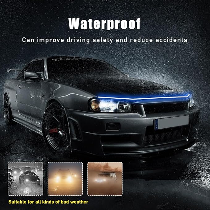 Ohleats 71 Inch Car Hood Light Strip, Exterior Flexible Daytime LED Running Light, Waterproof Auto LED Strip Light with Dynamic Scan Start-up Effect, Car Accessories for SUV Truck (Blue)
