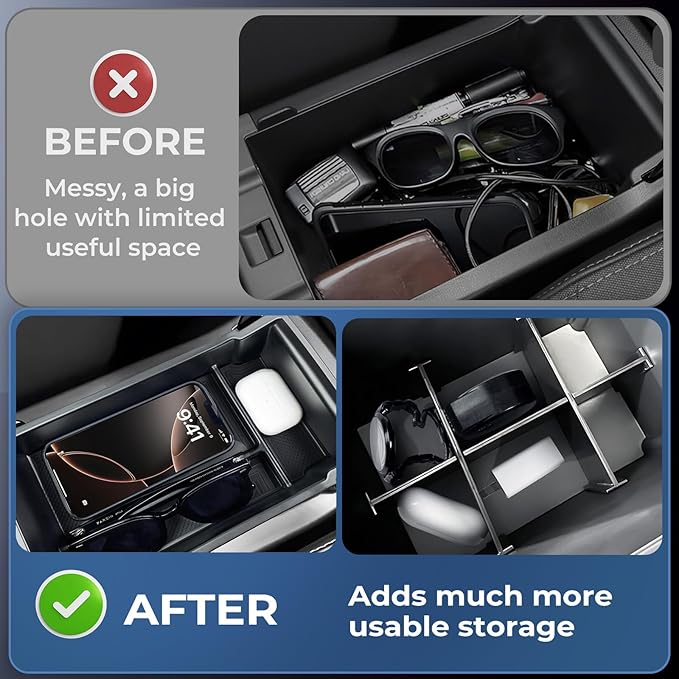 2PCS Center Console Organizer & Armrest Divider Set for Subaru Crosstrek/Impreza 2026 2025 2024, Custom Fit Dual-Layer Durable ABS Plastic Storage Box Insert Tray Interior Accessories, Black