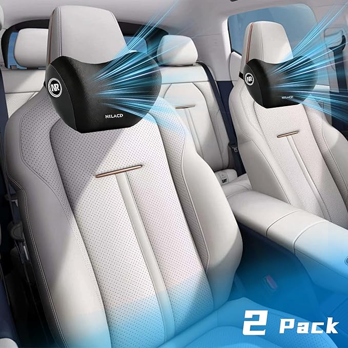 Car Neck Pillow & Headrest Support for Driving - Memory Foam Neck Support Pillow with Adjustable Strap & Removable Cover, Office Chair, Travel Essentials - 2 Pack (Grey)