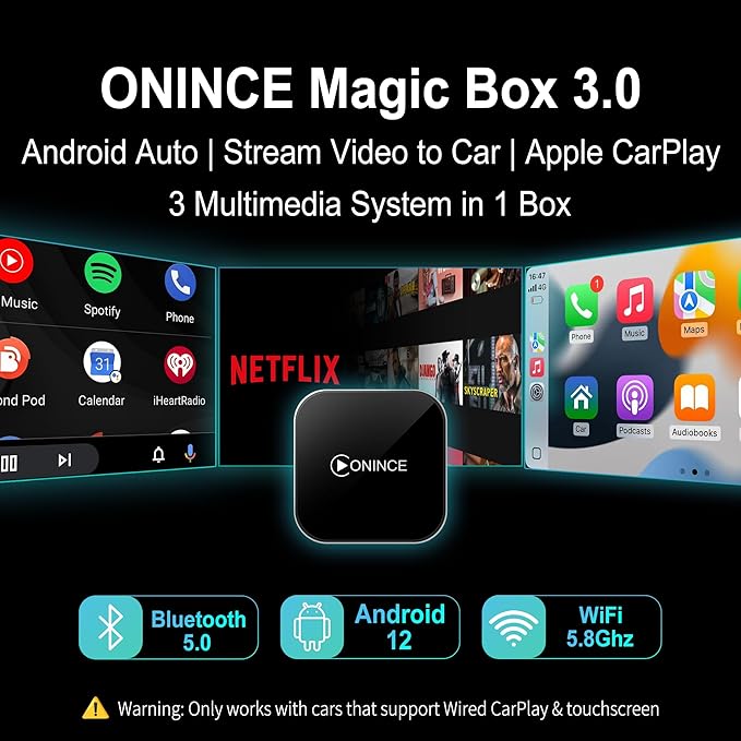 CarPlay AI Box 2025 Upgrade – Magic Box 3.0 with Wireless CarPlay & Android Auto, Bult-in Netflix, YouTube, Disney+, Prime Video | 5.8GHz WiFi, Auto Connect | for OEM Wired CarPlay Cars & Motorcycles