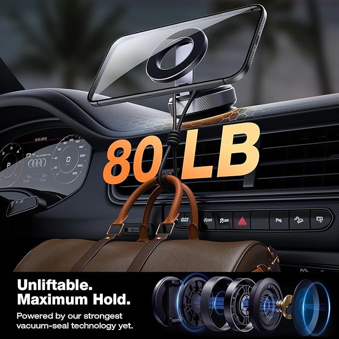 Aerospace Aluminum Magnetic Car Phone Mount for MagSafe [80LBS Vacuum Suction, 3200gf Strong Magnet] 360° Adjustable Car Phone Holder for iPhone 17 16 15 14 13 Pro Max