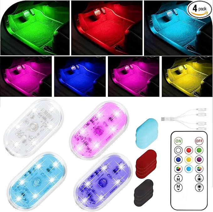 4Pcs LED Interior Car Lights with Remote,7 Colors Sync to Music Ambient Lighting Car Interior with 6 Bright LED Lamp Beads,Portable USB Rechargeable Car Interior Led Night Light for Car Decoration