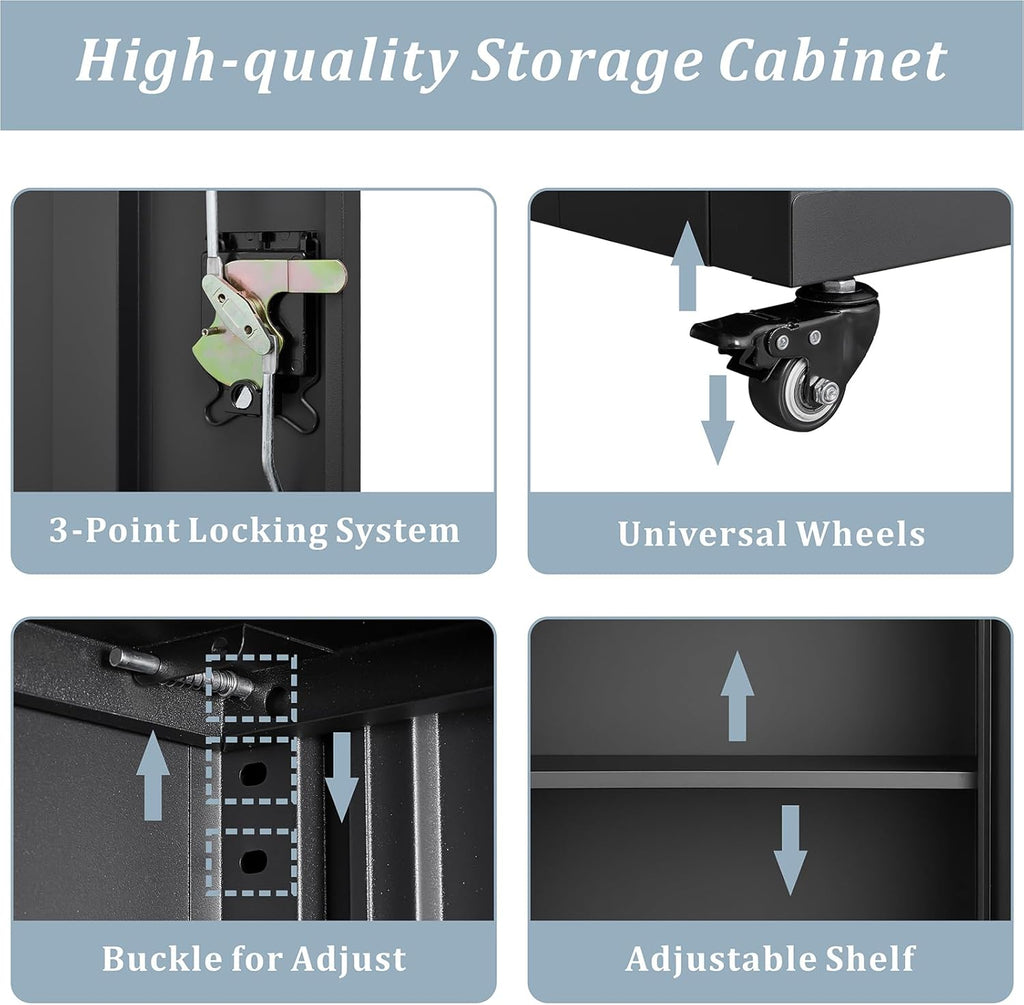 LUCYPAL Metal Storage Cabinet with Wheels,Steel Locking Storage Cabinet with Adjustable Shelves and 2 Doors,31.5" H Garage Cabinet for Home Office,Black