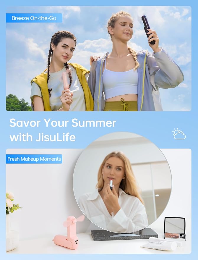 JISULIFE 3 IN 1 Handheld Mini Fan - Portable Fan & Power Bank & Flashlight, 19H Max Cooling, USB Rechargeable, Pocket-Sized for Travel, Cruise, Concerts, Makeup, 2026 Summer Gifts for Women(Pink)