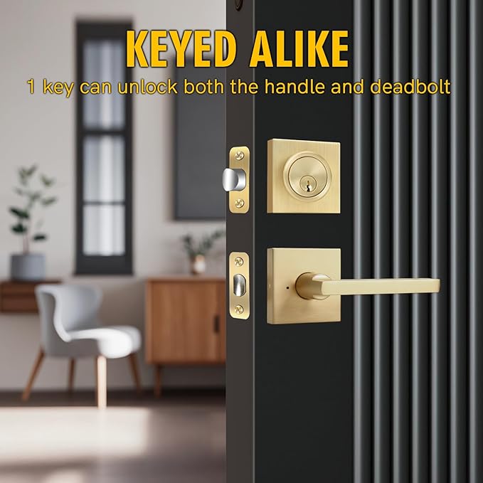 Front Door Handle with Deadbolt Lock Set, Keyed Alike Heavy Duty Privacy Handles Locksets, (4Pack-Set,Satin Brass)