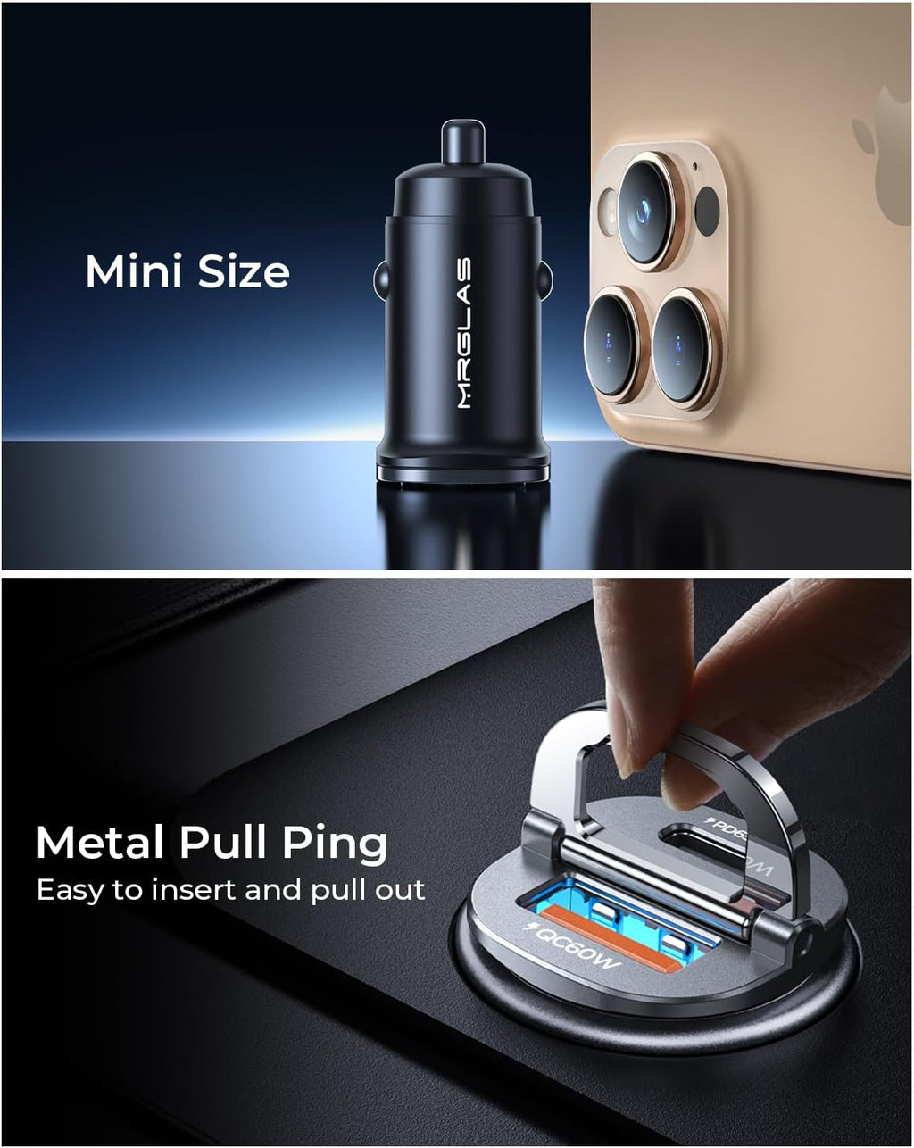 MRGLAS 125W USB C Car Charger Super Fast Charging, [PD65W & QC60W][Extra 3.3ft 60W USB C Cable 90 Degree][All Metal], Cigarette Lighter USB Charger for iPhone 16 Pro Max Plus 15 Samsung S24 S23 iPad