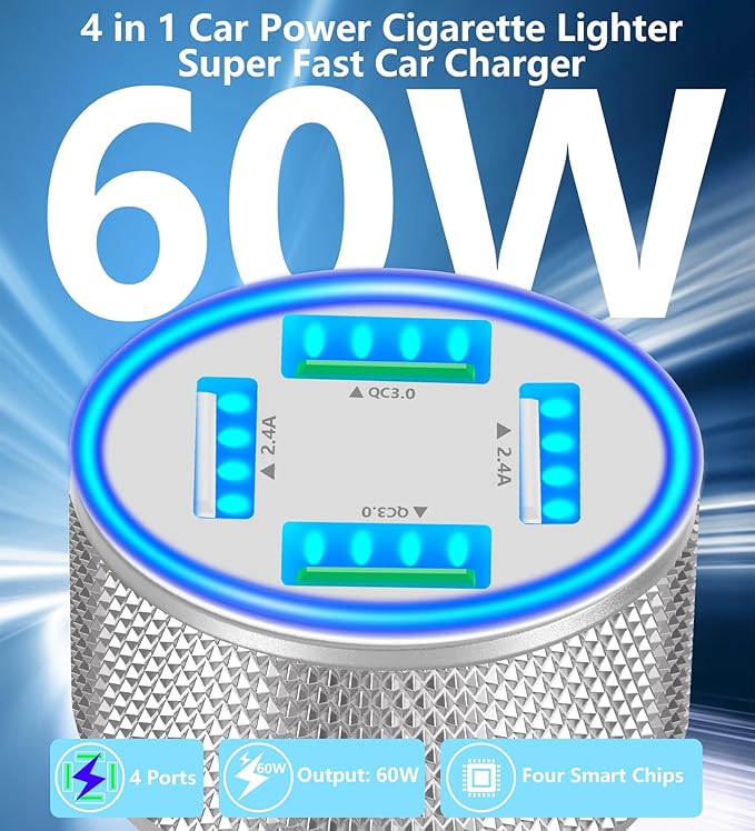 USB Car Charger, Stuffcool 60W Dual USB-A + QC3.0 Power Cigarette Lighter Adapter 4-Port Car Charger Carplay Fast Charging for iPhone 17 17 Pro Max 16 15 14 13 12/Galaxy S26 S25 S24 S23/Pixel 9 8/iPad