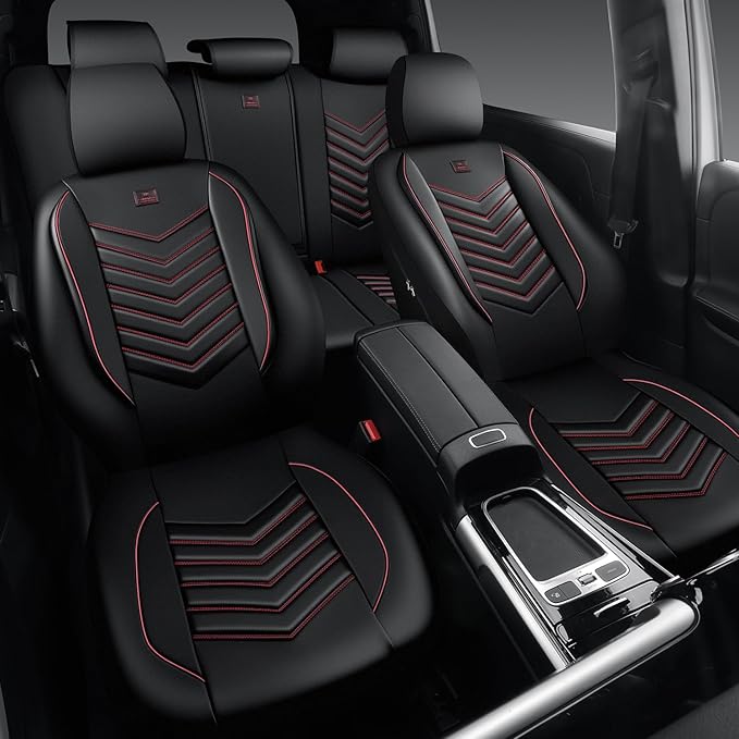 CAR PASS 3D Foam Faux Leather Car Seat Covers Full Set, Red Waterproof Leather Seat Cover for Cars,Luxury Universal Fit for SUV Truck Sedan Automotive,Armrest Airbag Compatible Anti-Slip,Black and Red