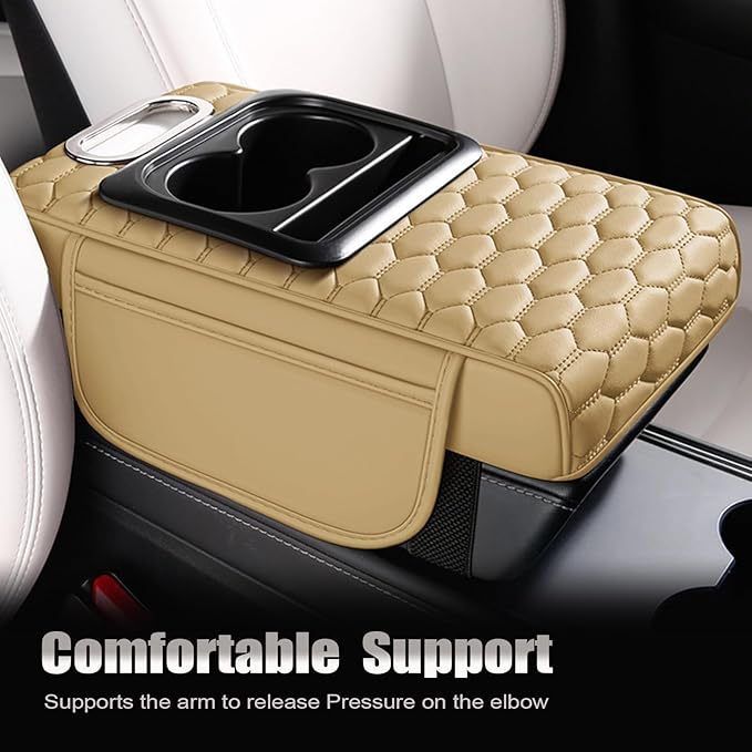 Priprilod Beige Car Center Console Armrest Pillow, Memory Foam with Cup Holder and Cell Phone Holder, Multifunctional Car Center Console Organizer, Universal Fit for Most Car Interior Accessories