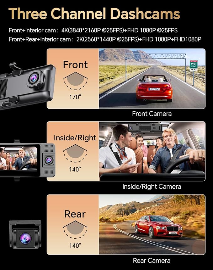12" Rear View Mirror Camera, 3 Channel 4K Mirror Dash Cam Front, Inside and Rea1080P Camera, Smart Full Touch Screen Backup Camera for car, Dash Cam with WDR Camera,Night Vision,Free 64GB Card & GPS