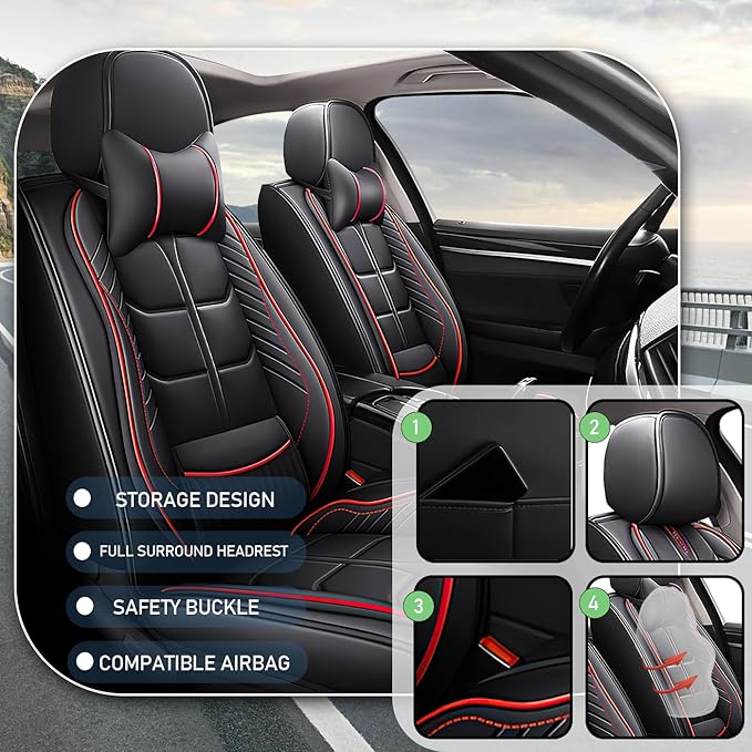 Leather Car Seat Covers Fit for Toyota Camry Solara 2004-2008, 5 Seater Car Seat Cover, Premium Waterproof, Scratch Resistant Car Interior Accessories (Full Set with Pillow Black Red)