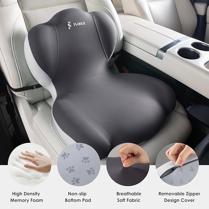 FLORICH Memory Foam Truck Seat Cushion,Car Seat Cushion and Lumbar Support Pillow for Office Chair, Ergonomic Back Support & Sciatica Relief for Long Drives(Beige Grey)