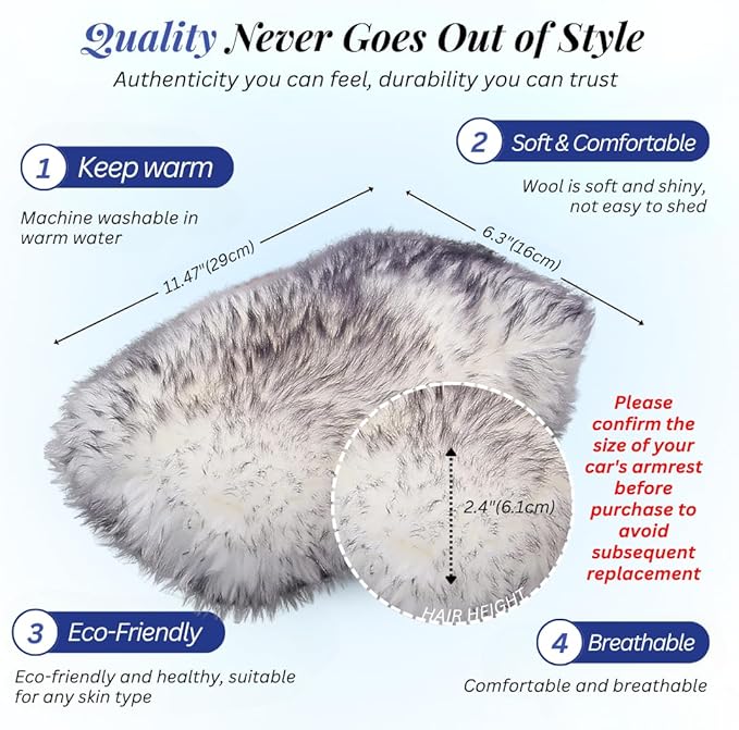 Andalus Brands Pure Australian Sheepskin Fluffy Car Center Console Cover, Luxurious Non-Shedding Furry Arm Rest Cover for Car, Versatile for All Seasons, White & Black Tip - (11.47" X 6.3")