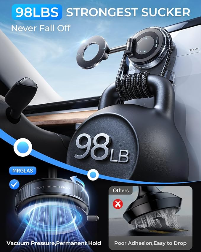 MRGLAS 2026 Upgraded Vacuum for Magsafe Car Mount, Phone Holders for Your Car Ultra Magnetic, 360° Adjustable Suction Cup Truck Golf Cart Accessories for Men Women,for iPhone 17 16 15 14 13 12 Pro Max