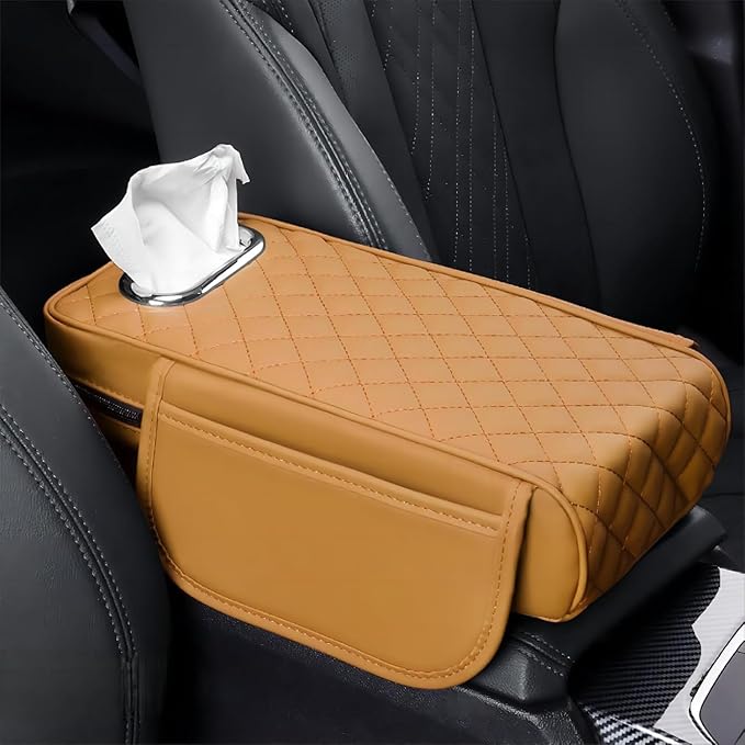 Car Center Console Cover for Toyota Highlander 3.Generation 2013-2020, Leather Car Arm Rest Cover, Car Armrest Cushion with 2 Storage Bags Car Center Console Armrest Pad, G Yellow