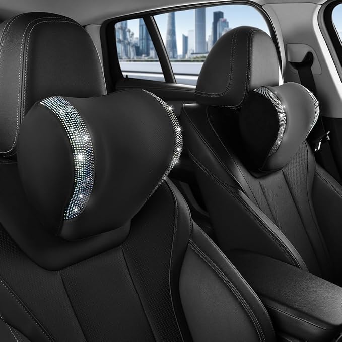2 Pack Diamond Car Neck Pillow for Women, Memory Foam Neck Pillow for Chair for Lower Back Pain Relief, Car Headrest Pillow with Adjustable Strap, Comfort Softness Neck Support Pillow(Black)