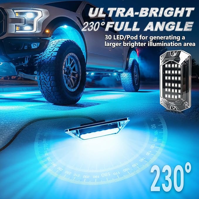 4Pods Full Angle RGB LED Rock Light Full Kit for ATV UTV RZR SXS Can-Am Four Wheeler Quad Side by Side Offroad Golf Cart with APP/RF Remote,Waterproof Multicolor Underglow Light 120Chip Music Mode 12V