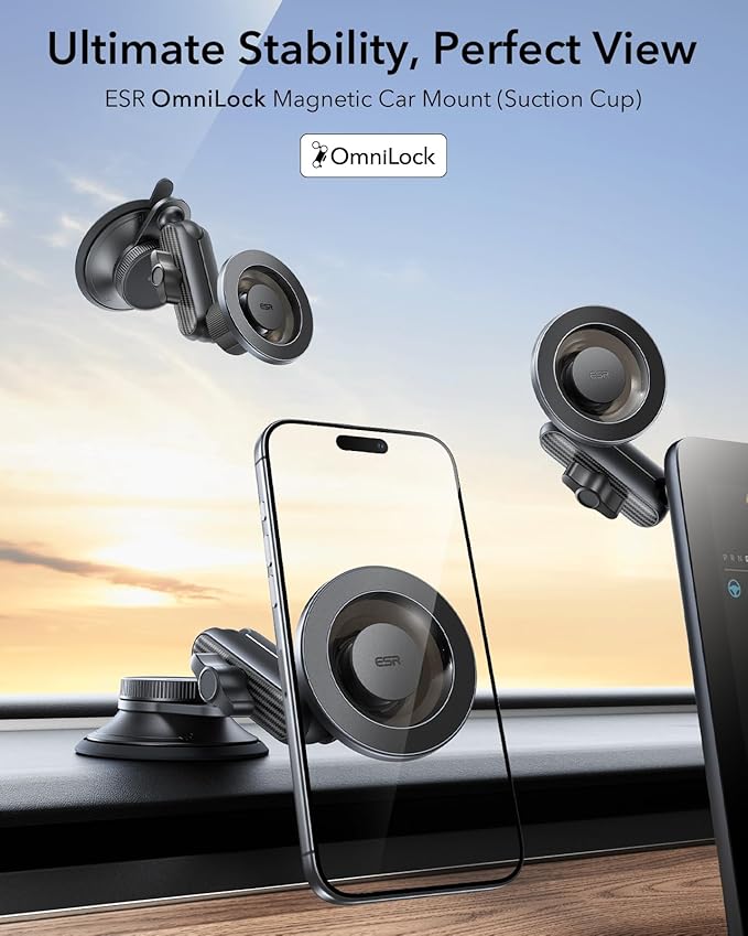 ESR OmniLock for MagSafe Car Mount, Vacuum Magnetic Car Mount, 360° Adjustable Car Magnetic Phone Holder,Suction Cup Phone Holders for Your Car,for iPhone 17e/17/16/15/14/13/12/Samsung,All Smartphones