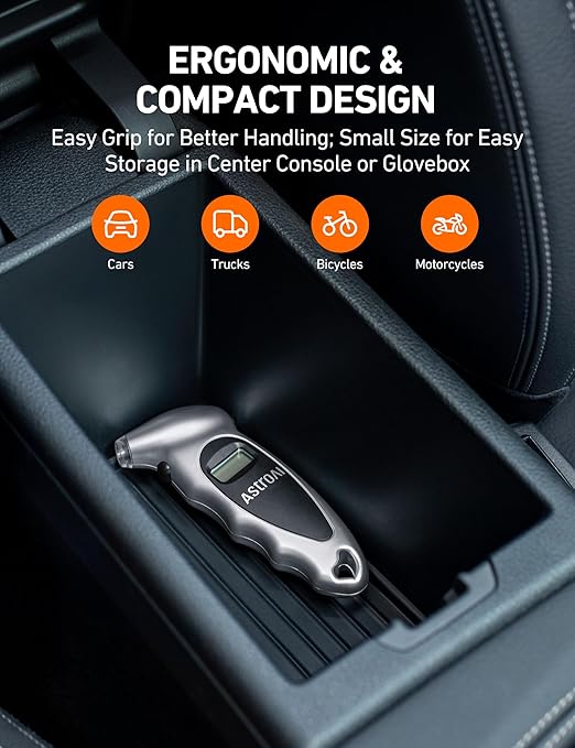 AstroAI Digital Tire Pressure Gauge 0-150PSI Calibrated to ANSI B40.7 +/-1PSI, Accurate in 0.1 Increments, Tire Repair Tools 4 Pressure Measurements for Car Truck with Backlight LCD, Silver