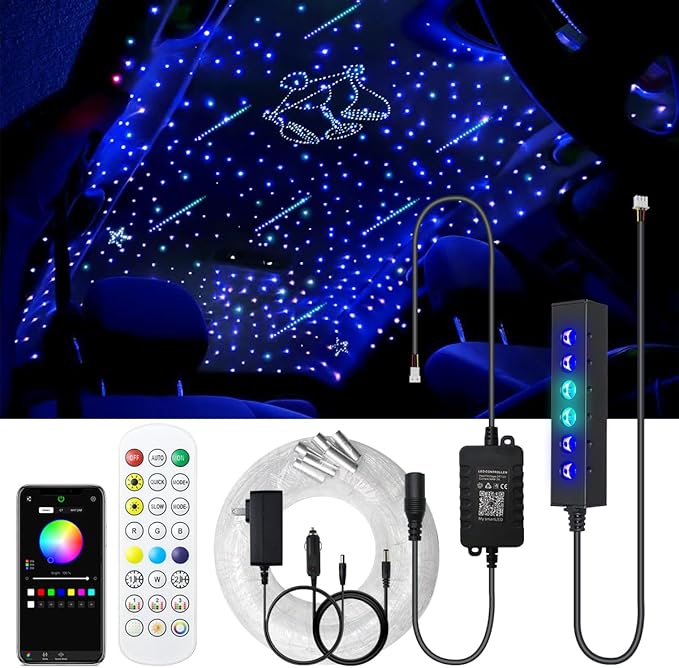 AKEPO 3.2W 6-Hole RGB APP Multiple Color Fiber Optic Lights Kit, Home Car 6.5ft 120pcs of 0.75mm Optical Fiber APP Control Headliner Starlight with Remote and APP Control