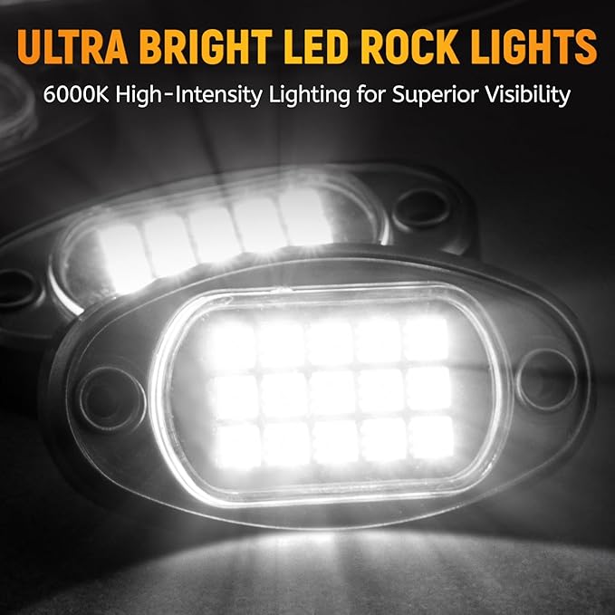 YONEDA 16 Pods White Rock Lights 6000K Pure White LED Underglow Lights IP68 Waterproof for Trucks SUV UTV ATV RZR Car Boats Motorcycle with 39.37ft Extension Wire