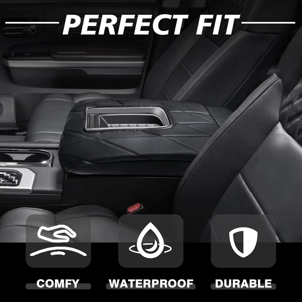Muslogy Center Console Armrest Cover Compatible with Toyota Tundra 2014-2021 Comfort Armrest Pad Arm Rest Cushion Vegan Leather Protector Regular Thick(Bucket Seat ONLY)