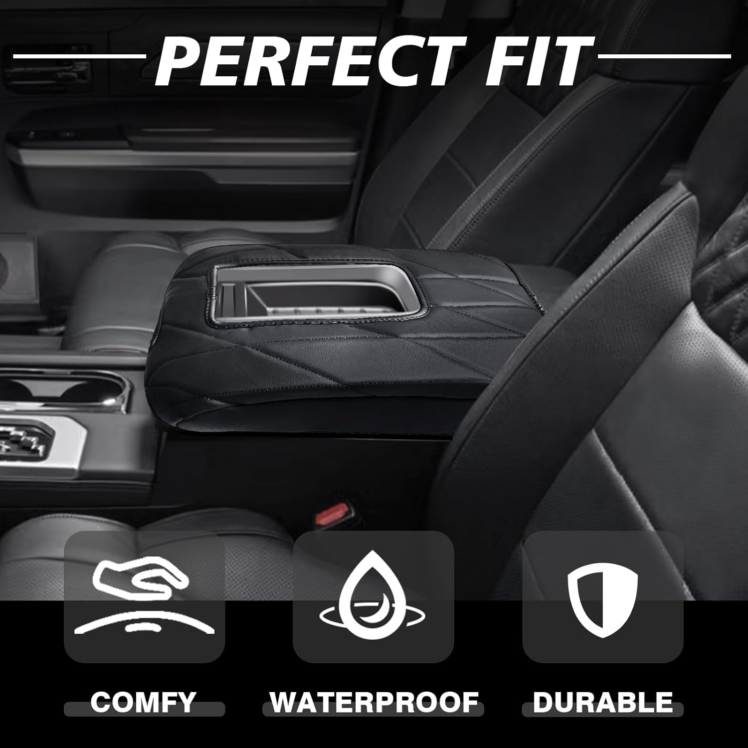 Muslogy Center Console Armrest Cover Compatible with Toyota Tundra 2014-2021 Comfort Armrest Pad Arm Rest Cushion Vegan Leather Protector Regular Thick(Bucket Seat ONLY)