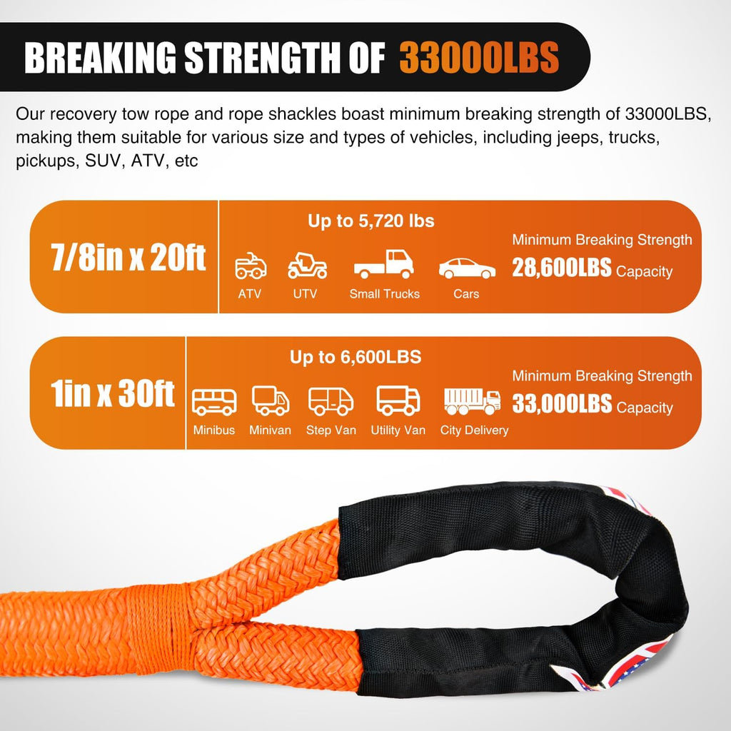 Nilight Kinetic Recovery Tow Rope Kit with 2 Soft Shackle 1" x 30ft Heavy Duty Offroad Tow Rope Snatch Strap Towing Strap kit (33,000LBS) for UTV ATV SUV Truck Car Jeep Tractor