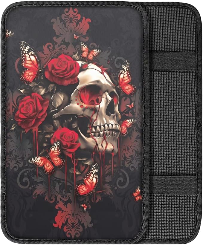 Dreaweet Rose Skull Arm Rest Cover for Car Women Gothic Car Accessories Universal Comfort Center Console Cover Soft Anti-Scratch Vehicle Center Console Armrest Cover Pad